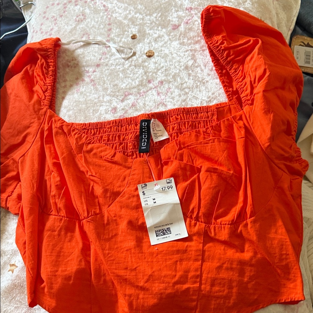Divided Orange Puff-Sleeve Square Neck Crop Top